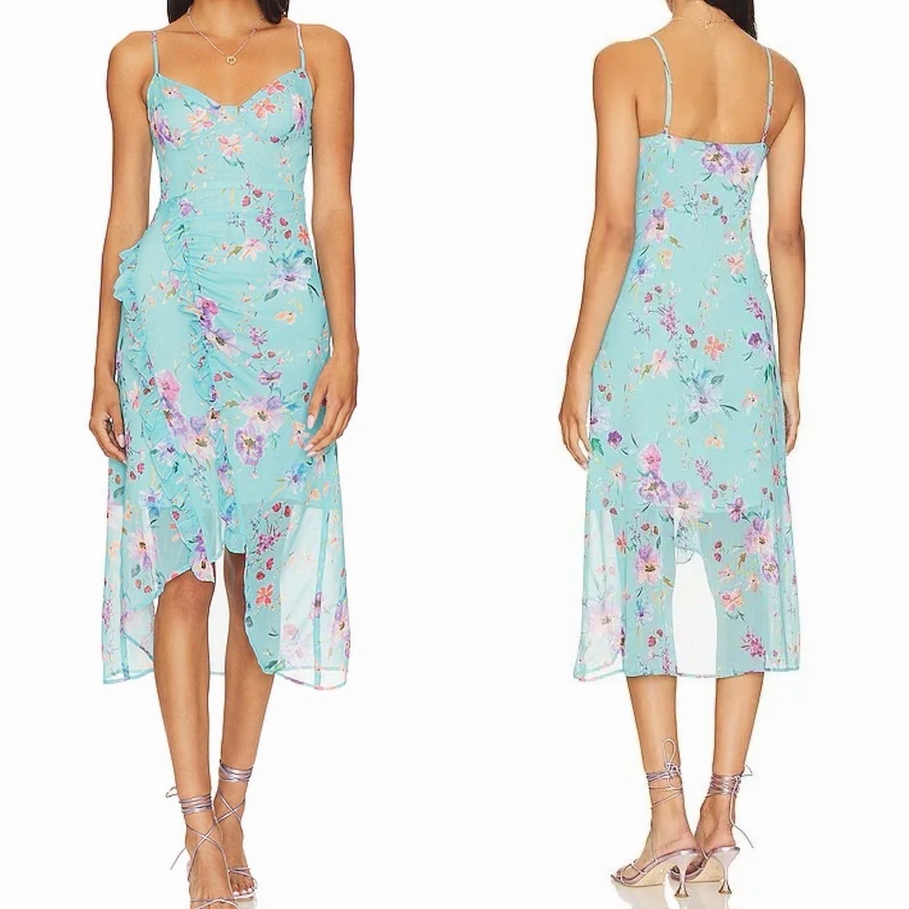 Rays for Days‎ Sz XS Revolve Clementine Turquoise Ruffle Floral Midi Dress